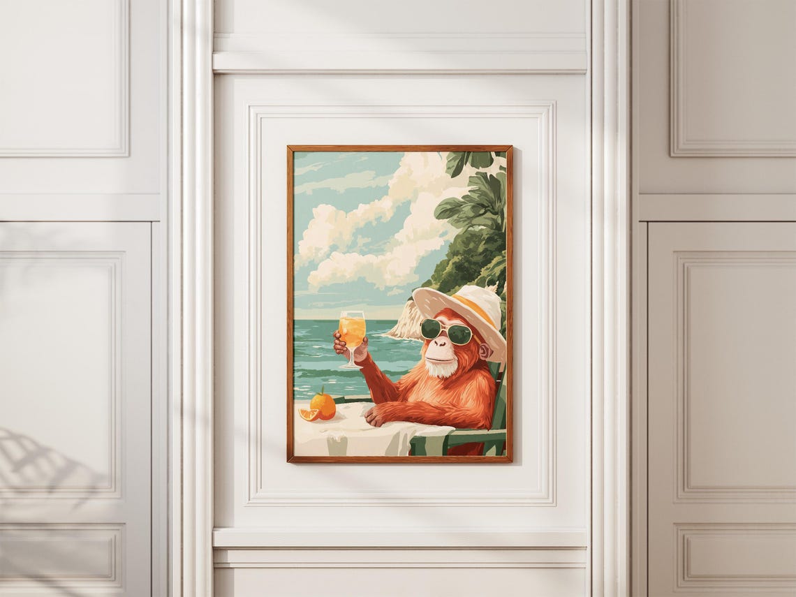 Orangutan In Sunglasses And Sun Hat Toasting Cocktail Sea Poster - Image 2