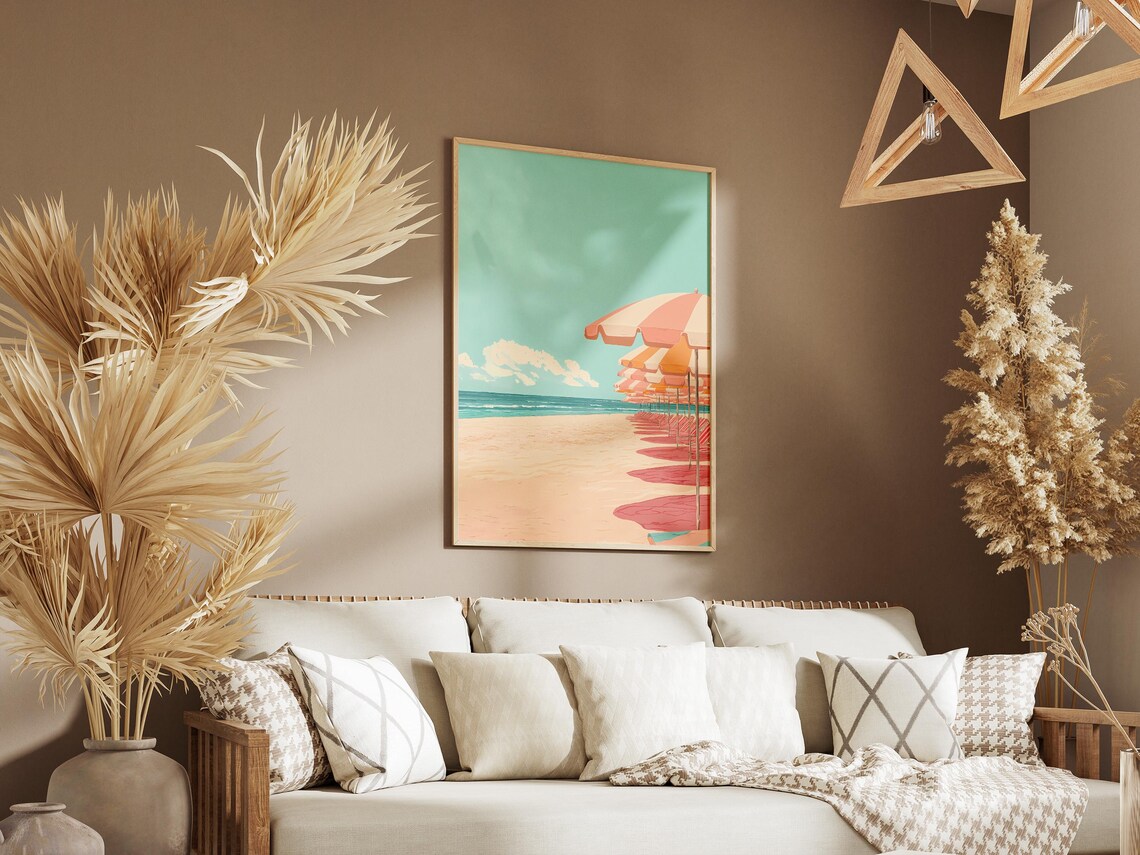 Pink Beach Umbrellas Poster Summer Coastal Art For Beach House Decor - Image 3
