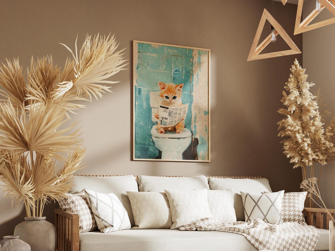 Funny Orange Kitten Reading Newspaper on Toilet Bathroom Poster - Image 3