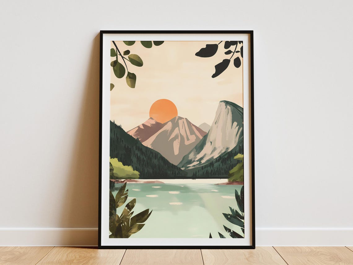 Sunset Over Mountain Lake Leafy Branches Landscape Scenic Poster