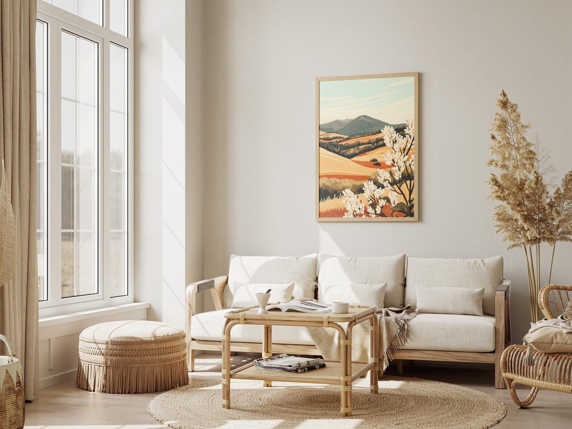 Golden Grain Hills With White Blossom Branches Pastoral Poster - Image 4