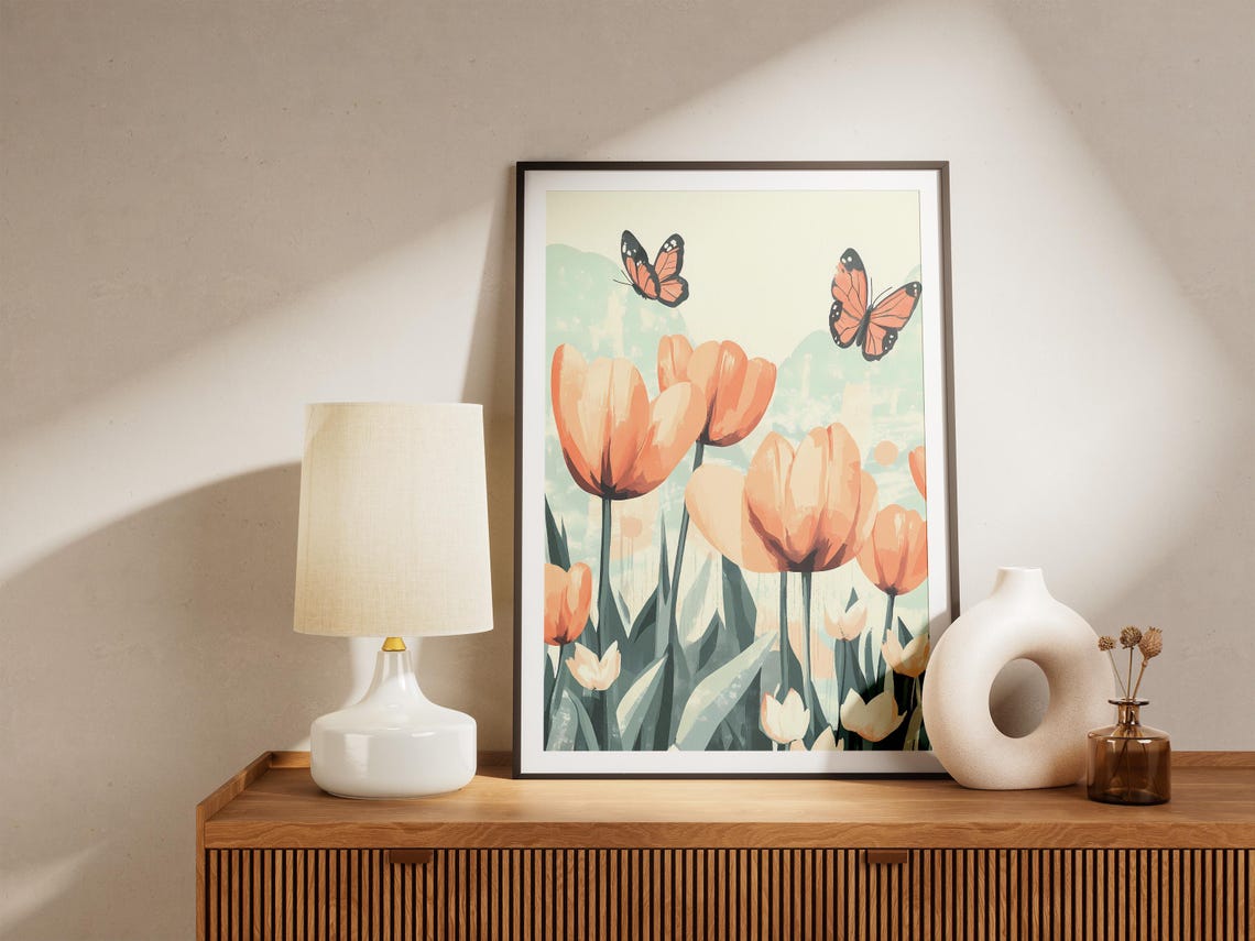Peach Tulips With Monarch Butterflies On Mint Background Poster - Image 5