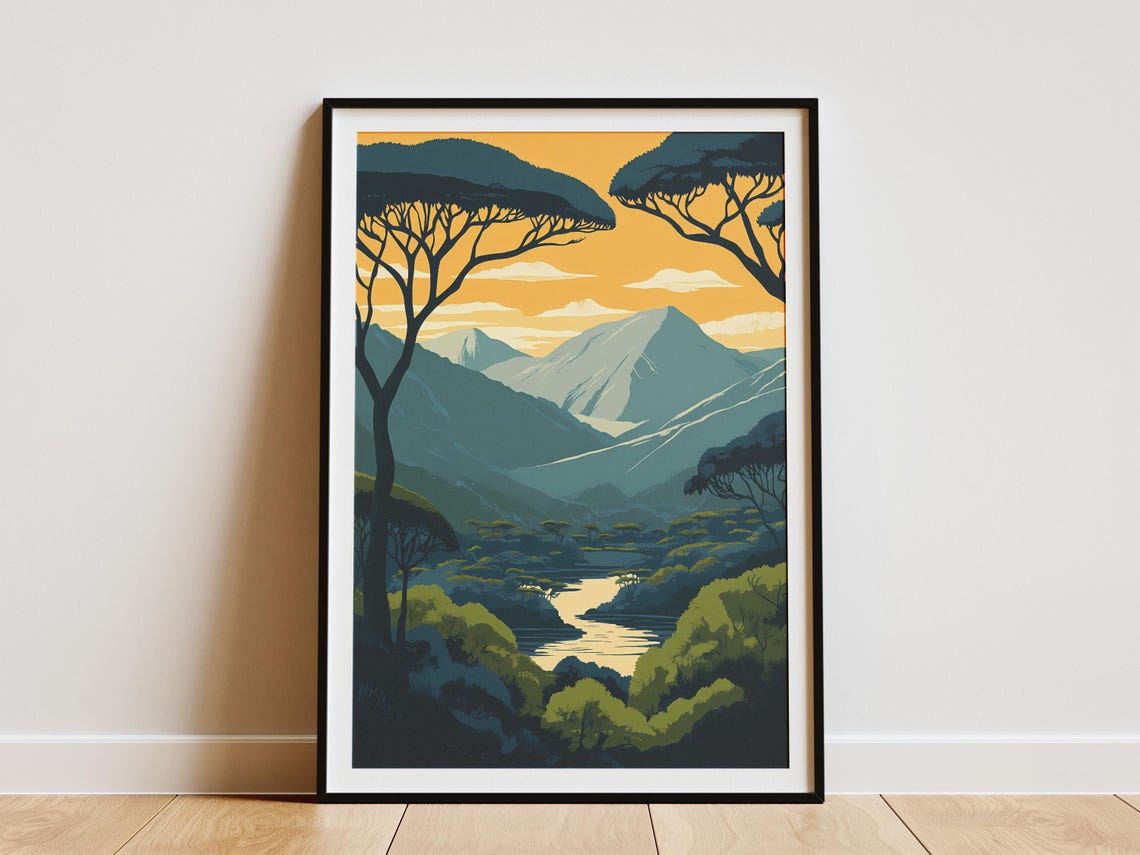 Cameroon Waza National Park Poster African Safari Landscape Print Vintage Travel Illustration Nature Art Wildlife Animals
