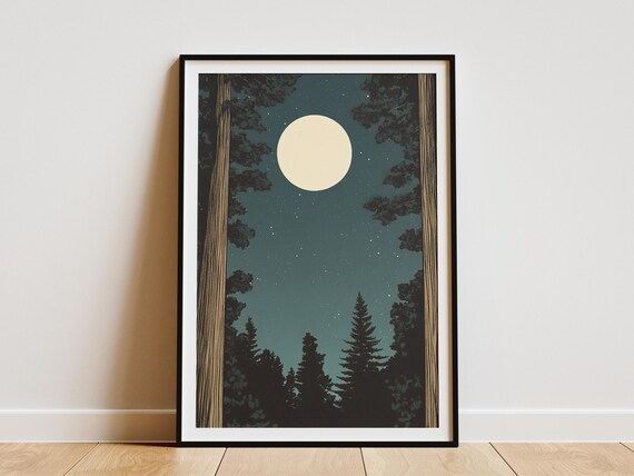 Redwood National Park Moon Between Towering Trees Night Sky Poster