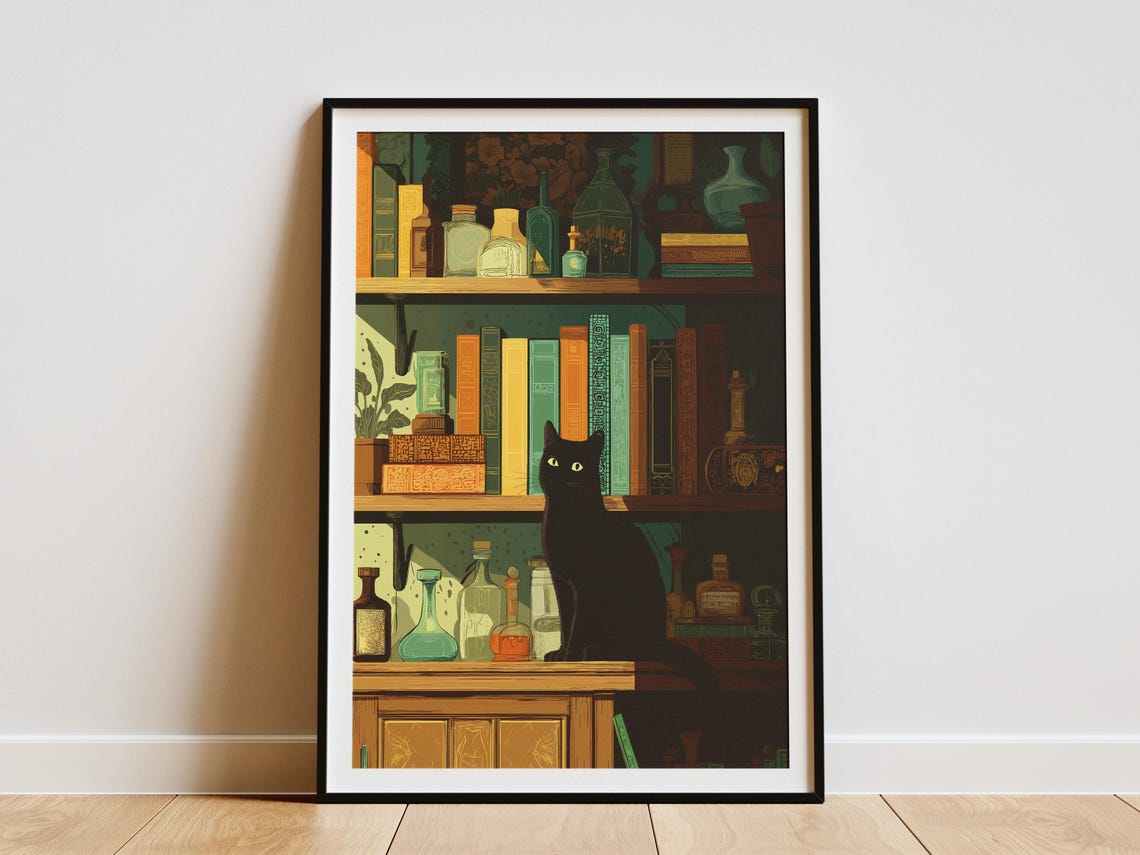 Black Cat on Vintage Apothecary Bookshelf Gothic Witchy Art Poster