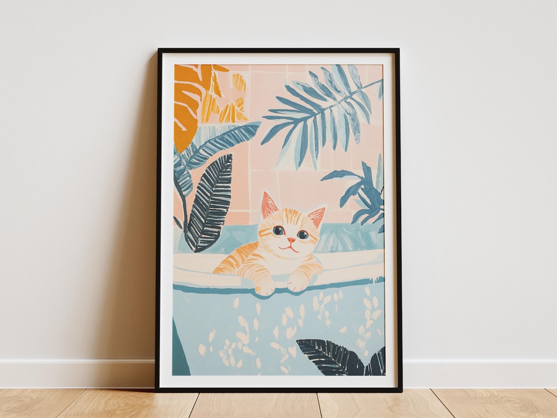 Playful Kitten In Bathtub Art Print, Cute Nursery Decor