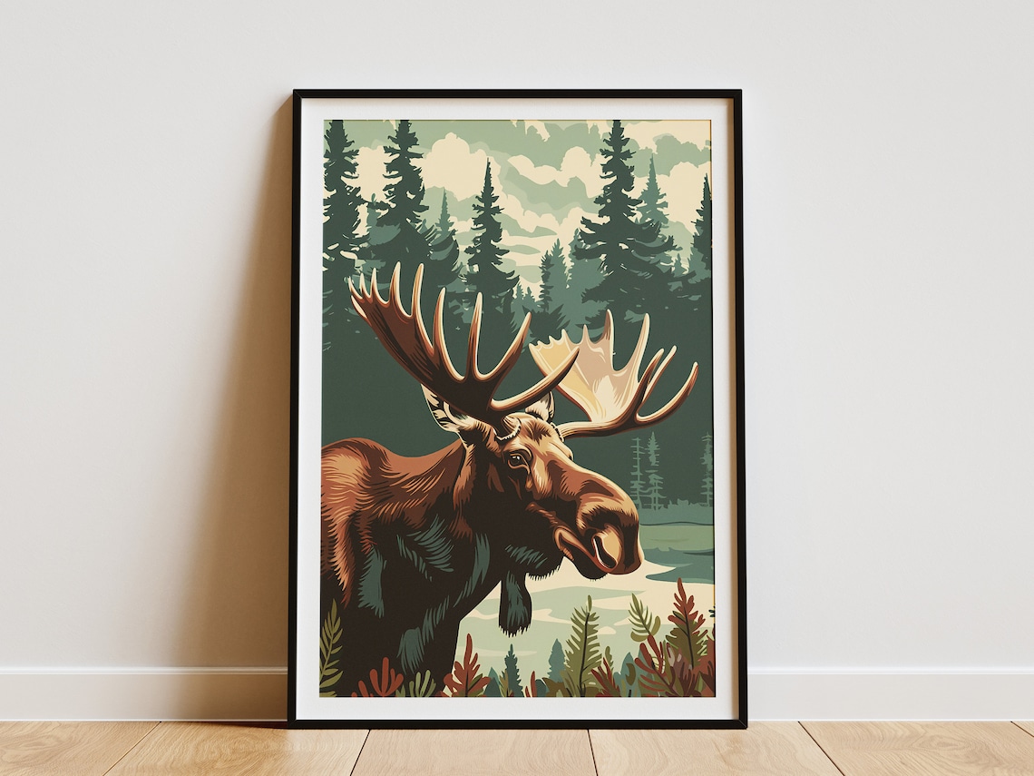 Moose Forest Vintage Travel Poster, Animal Print