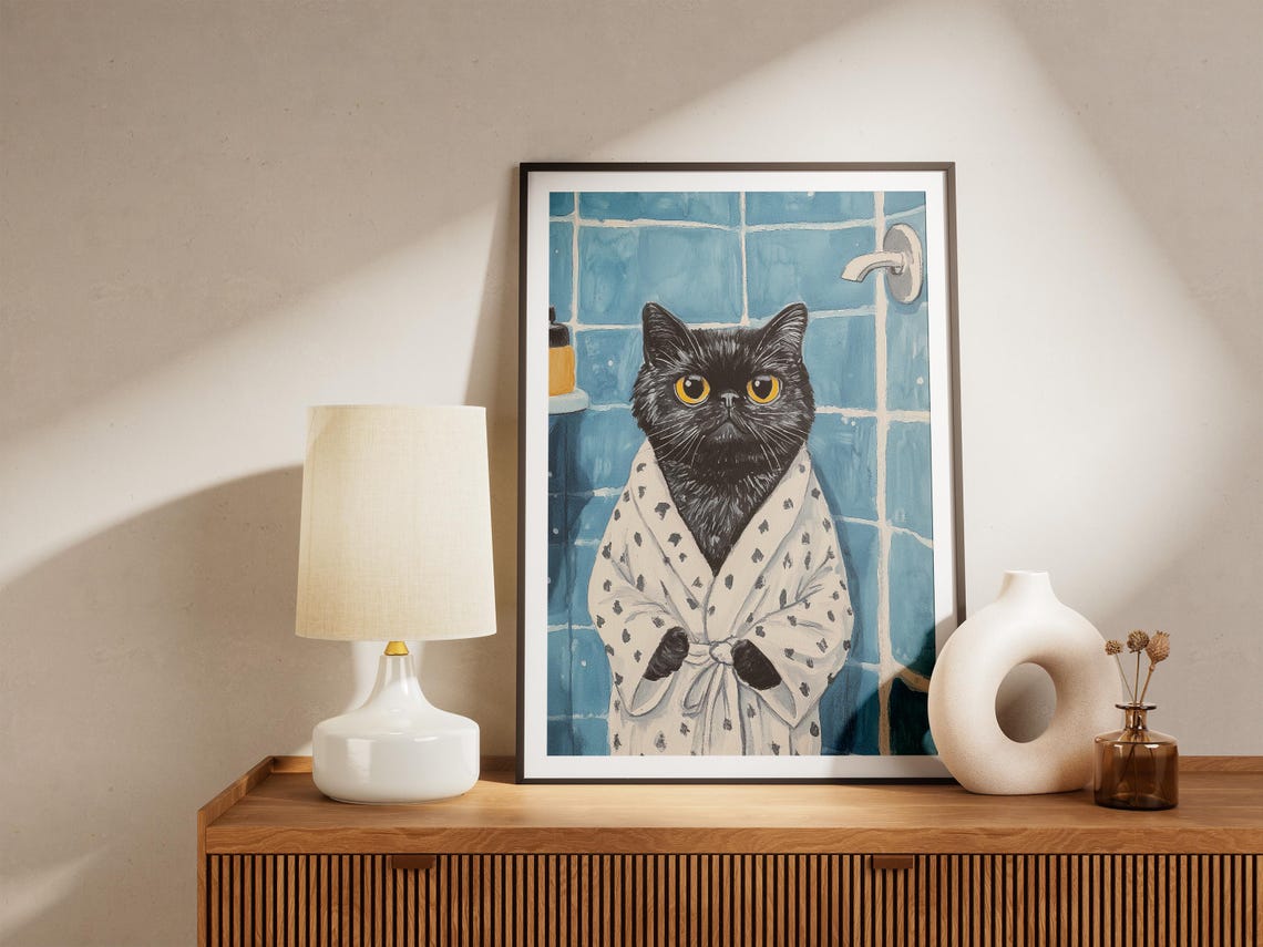 Funny Grumpy Black Cat in White Polka Dot Bathrobe Shower Poster - Image 4