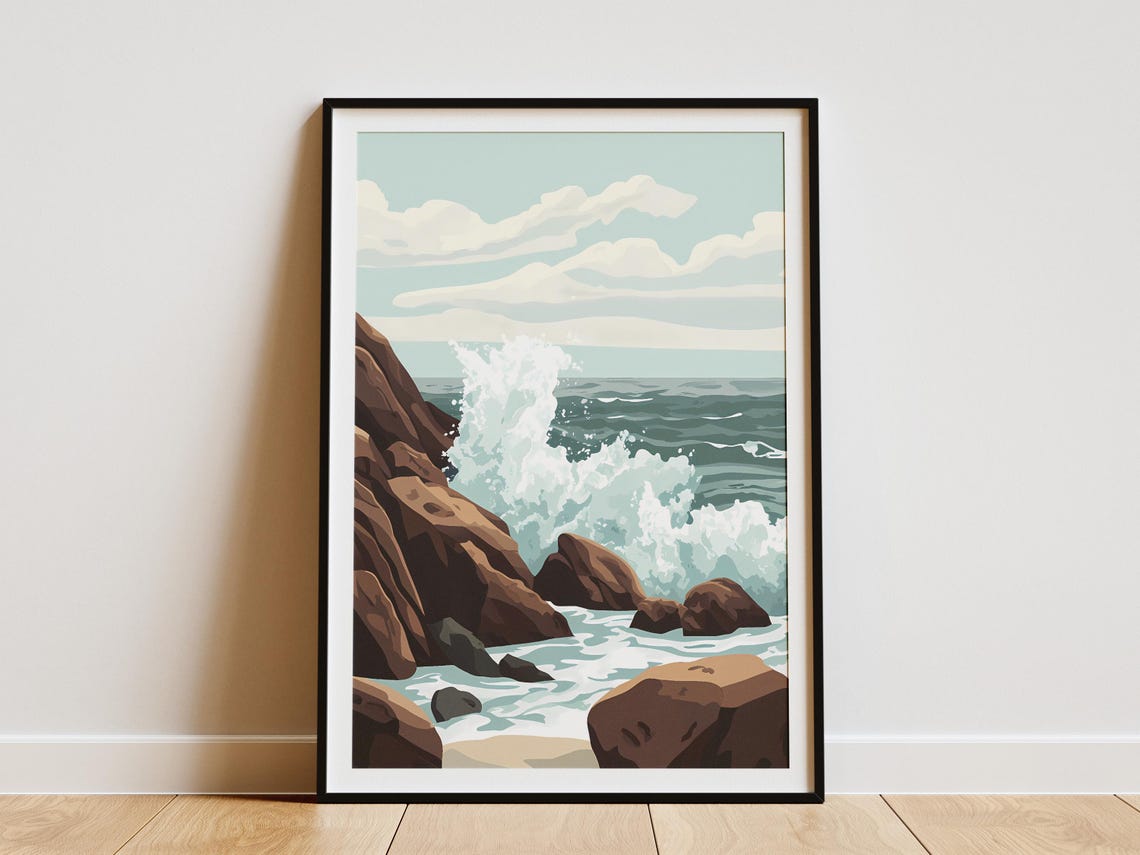 Dramatic Ocean Wave Crashing Against Brown Rocky Sea Cliffs Poster