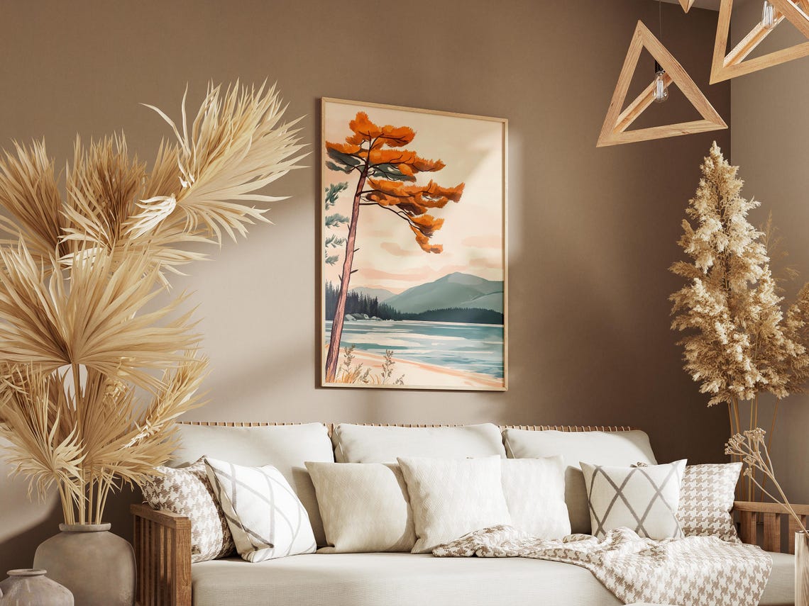 Tall Golden Pine Tree Standing By A Calm Mountain Lake Poster - Image 3