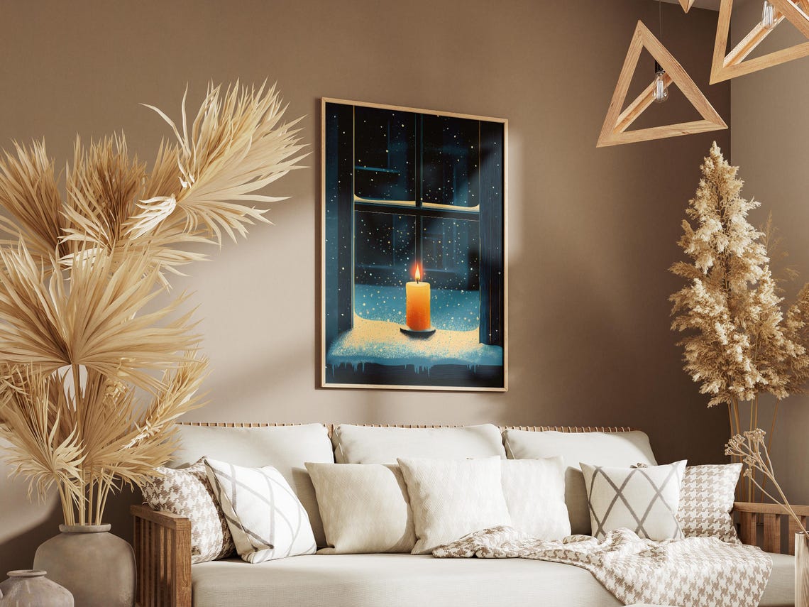 Glowing Candle on a Snowy Night Windowsill in Navy Blue Poster - Image 3