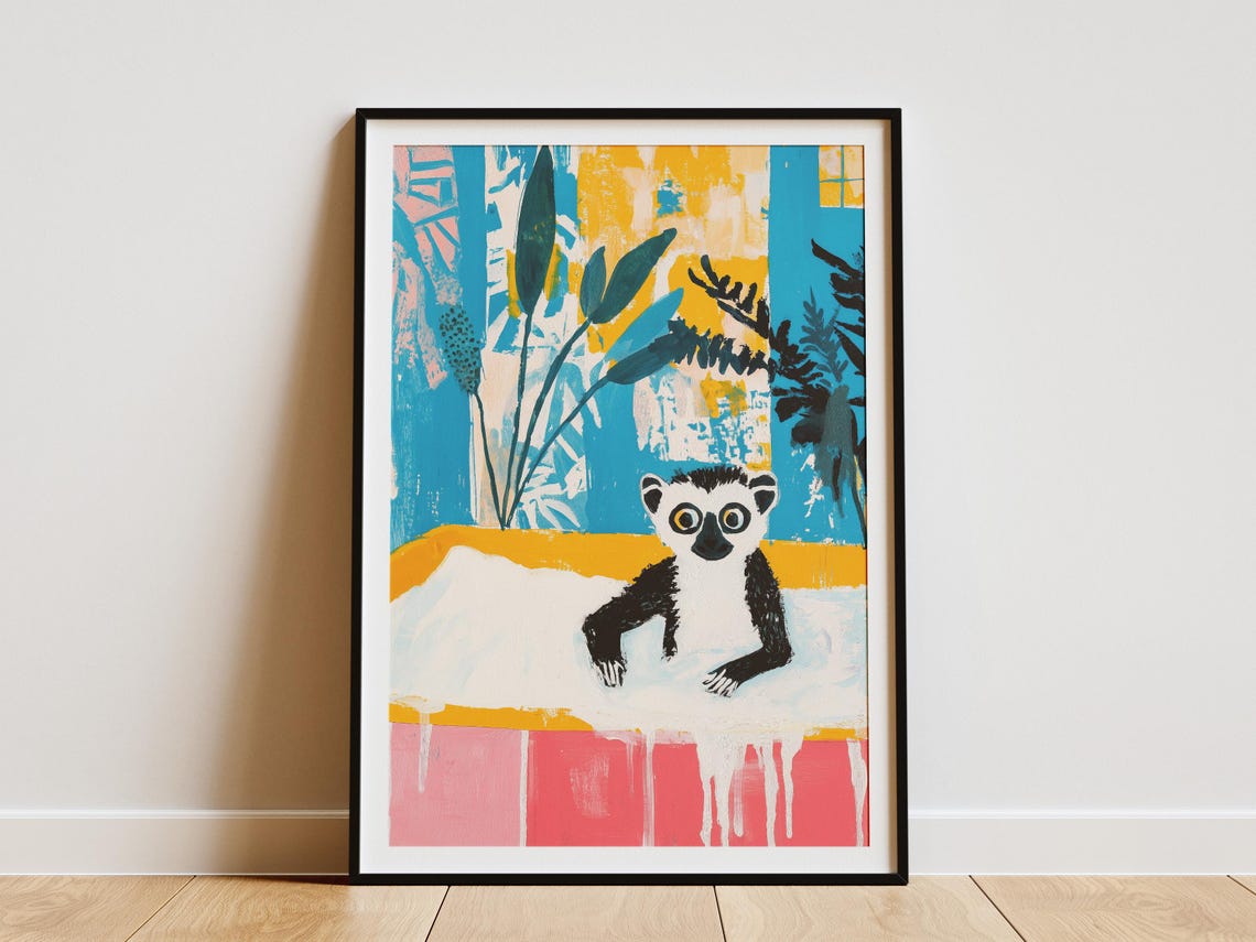 Ring Tailed Lemur In A Bathtub Colorful Modern Bathroom Poster
