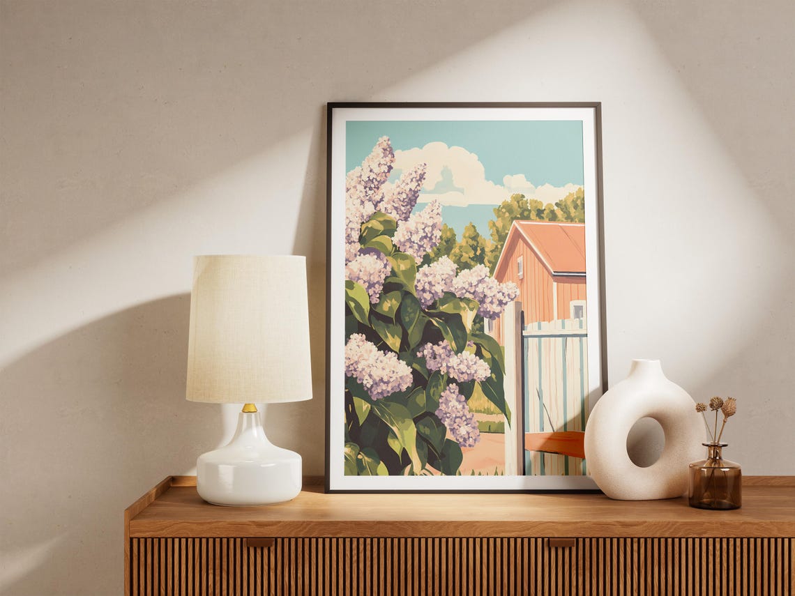 Purple Lilac Bush By Rustic Red Barn Gate Spring Floral Poster - Image 5