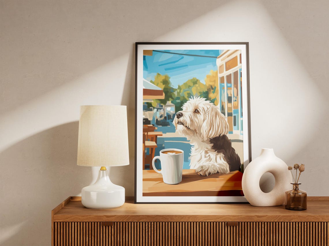 Fluffy White Maltese Dog with Latte at Sunny Sidewalk Cafe Poster - Image 4