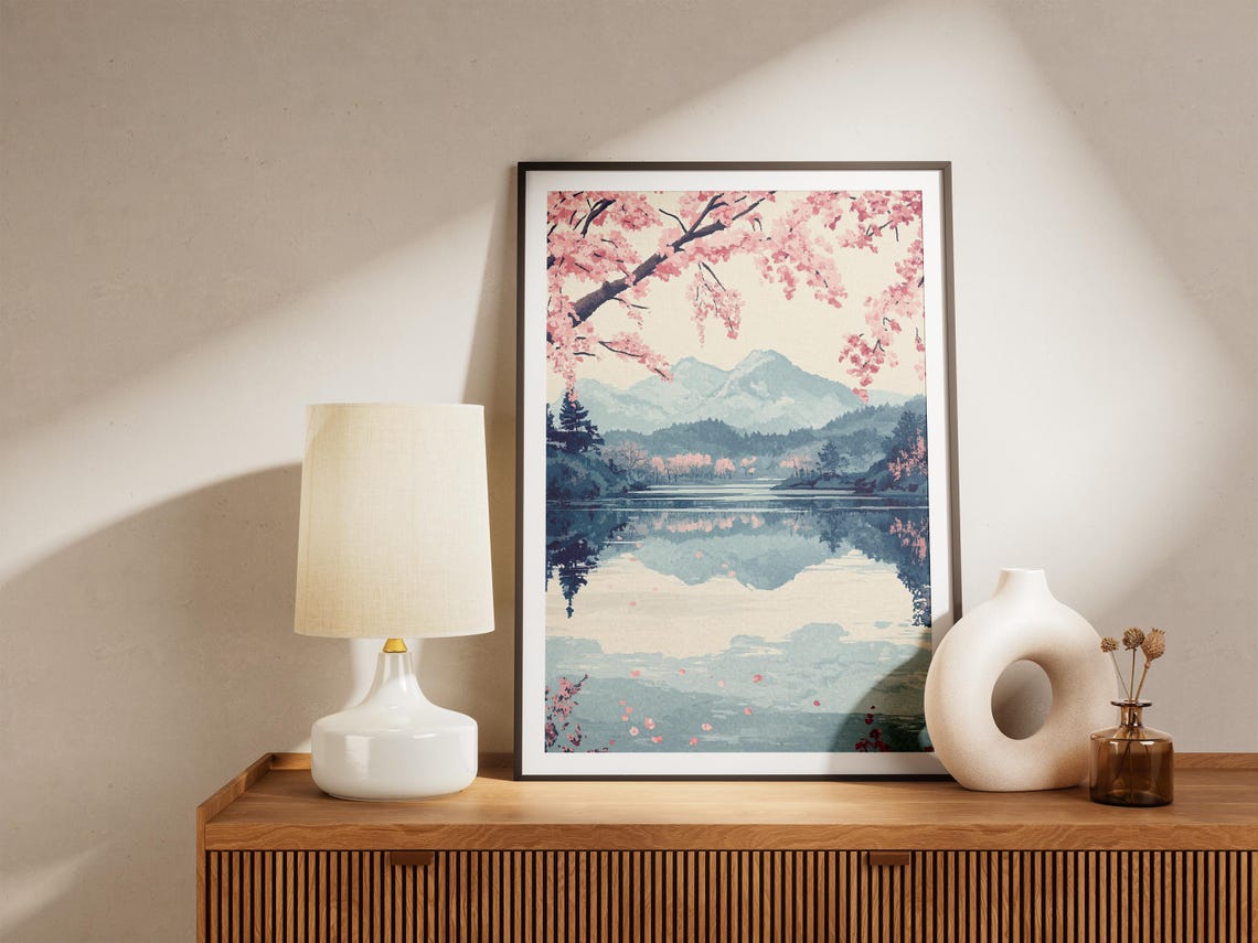 Cherry Blossom Branches Over Mountain Lake Reflection Art Poster - Image 5