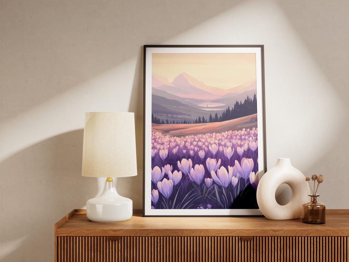 Purple Crocus Field at Sunrise with Misty Mountain Valley Poster - Image 5