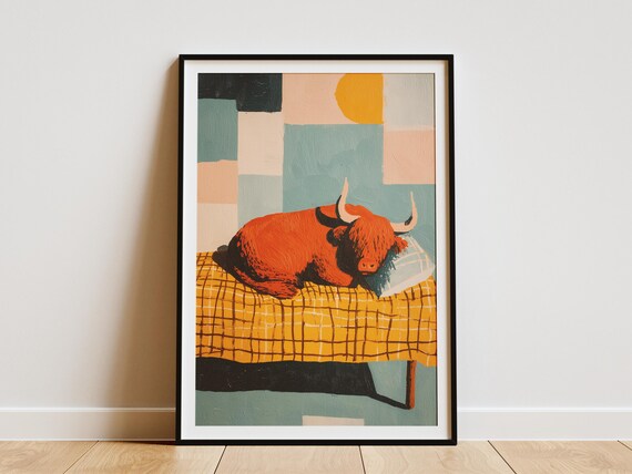 Highland Cow Resting on a Checkered Bed With Geometric Pastel Art Poster