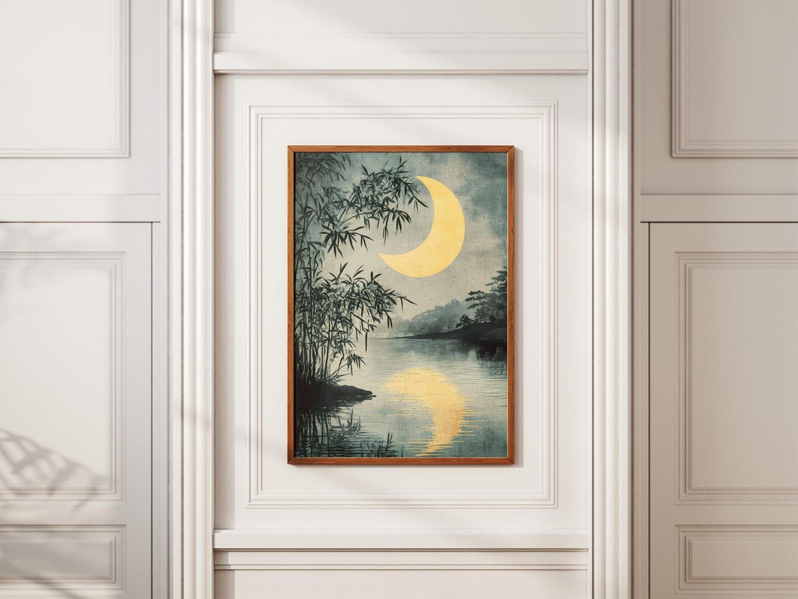 Crescent Moon Reflection Still Lake Bamboo Silhouette Poster - Image 2