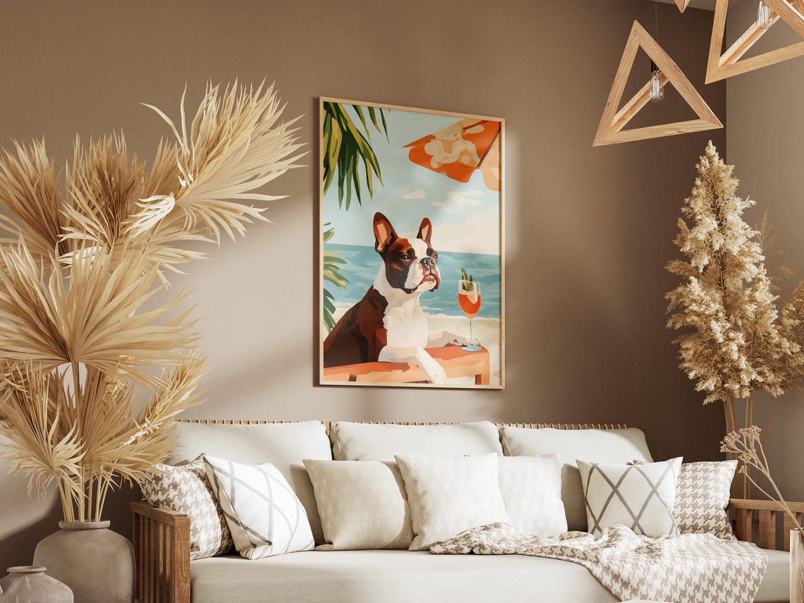 Boston Terrier with Cocktail Beach Umbrella Funny Dog Art Poster - Image 3
