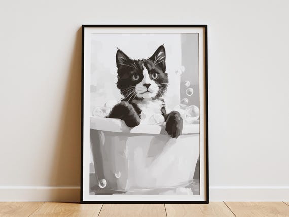 Ragdoll Cat In Bathtub Poster Black And White Bathroom Wall Decor Pet Art Print Minimalist Lover Gift Funny Animal