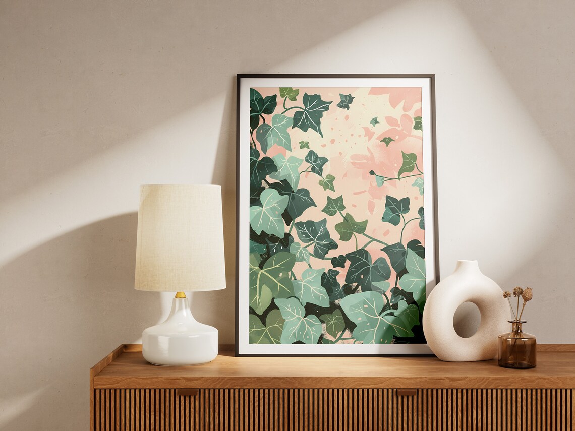 Green Ivy Vines Trailing Peach Minimalist Botanical Art Poster - Image 2