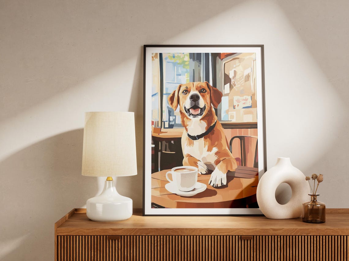 Happy Brown and White Dog Smiling with Coffee at Cafe Poster - Image 4