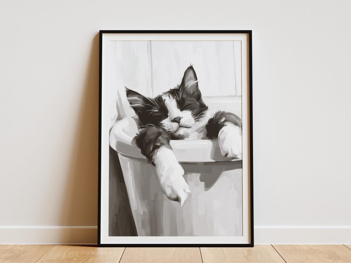 Sleeping Cat In Bathtub Black White Minimalist Cat Art Poster