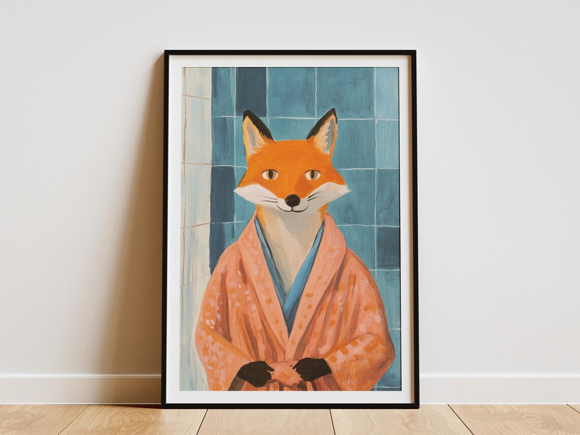 Orange Fox In Bathrobe Against Blue Tiles Modern Animal Poster