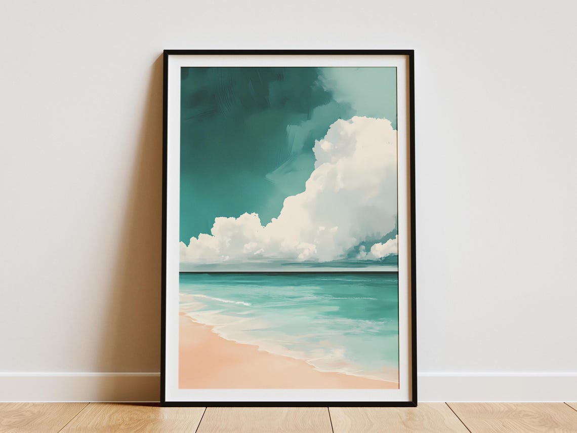 Dramatic Clouds Over Turquoise Ocean Beach Minimalist Art Poster