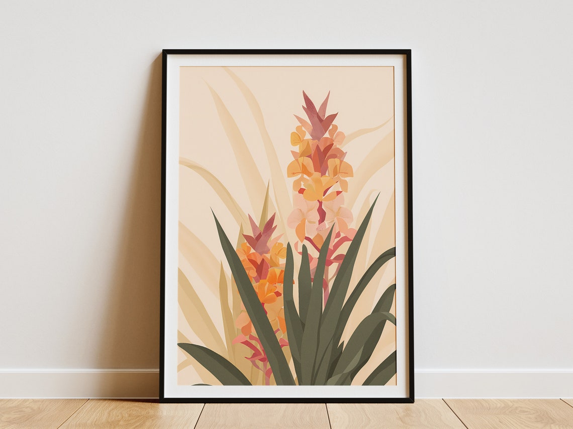 Tropical Flower Spikes Orange Pink Botanical Illustration Art Poster
