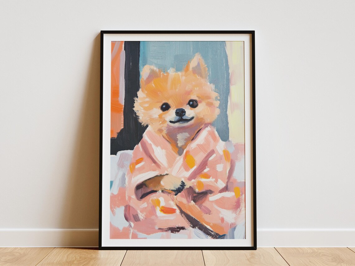 Smiling Pomeranian Puppy In Pink Robe Poster Cute Dog Bathroom Art