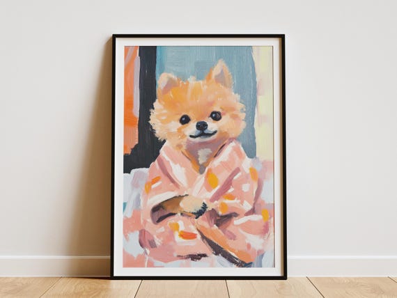 Pomeranian Puppy Dog Art Print Bathrobe Animal Wall Cute Poster Bathroom Decor Whimsical Illustration Lover Gift