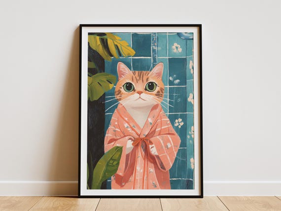 Scottish Fold Cat Art Print Pink Bathrobe Bathroom Poster Funny Lover Gift Quirky Home Decor Modern Wall Unique Illustration