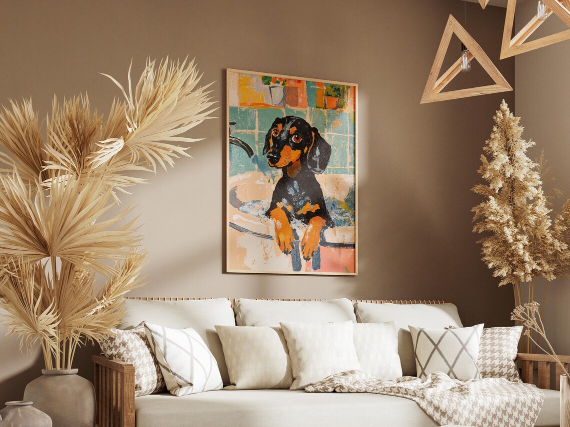 Dachshund Bath Time Print Dog In Tub Pet Portrait Modern Dog Art Whimsical Animal Painting Bathroom Decor Funny Dog Poster Dachshund Gift - Image 3