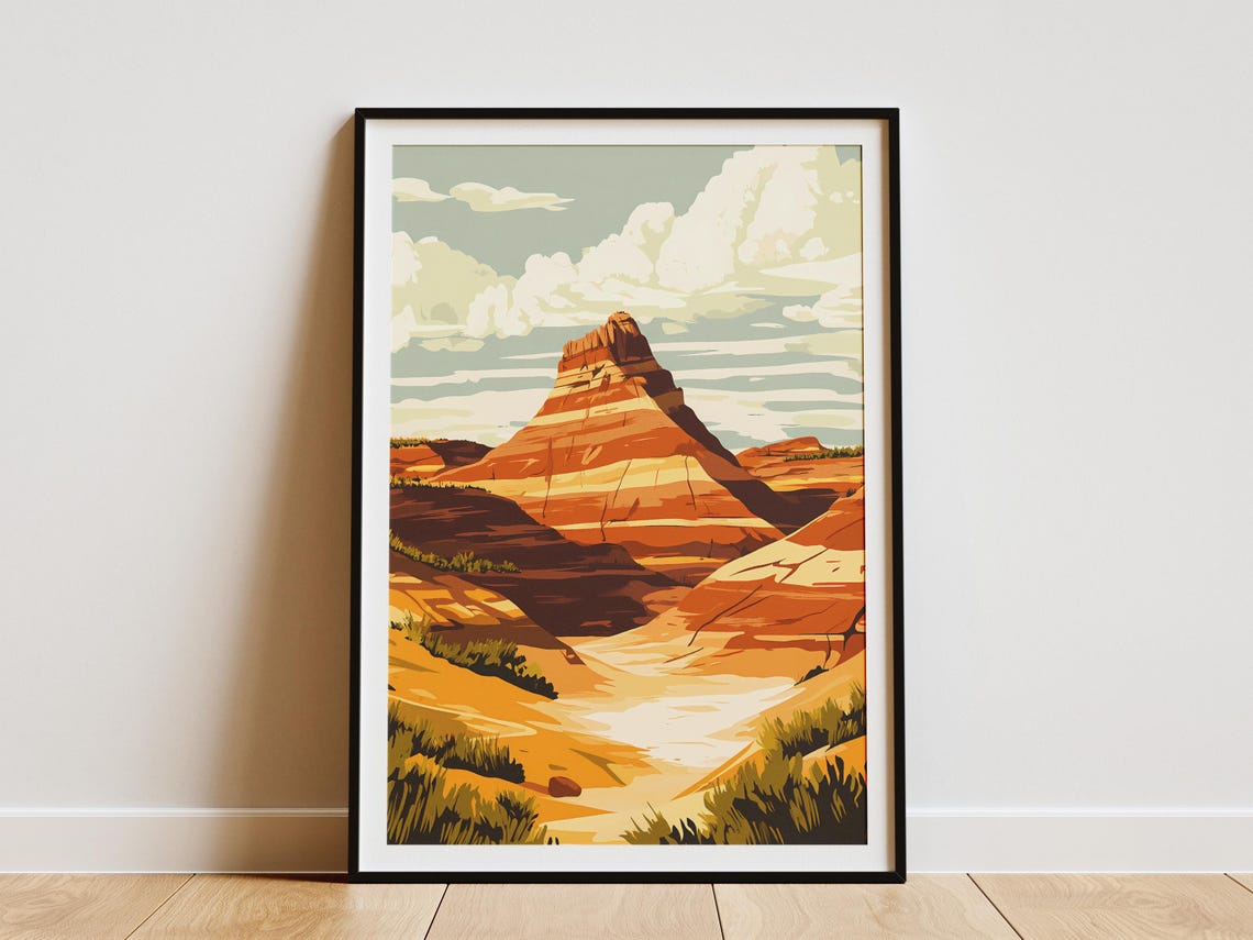 Striped Desert Butte Rock Formation Sunset Arid Landscape Poster
