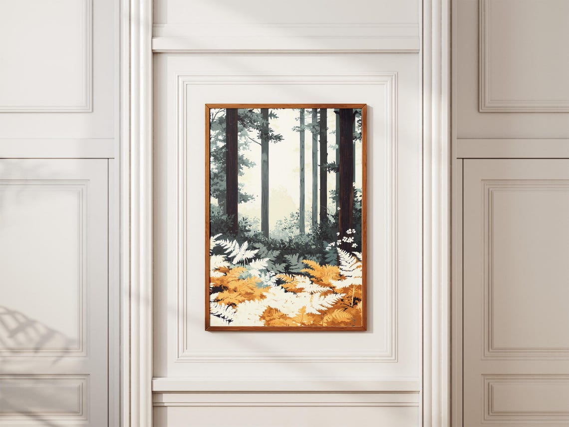 Misty Pine Forest With Golden Ferns Botanical Nature Art Poster - Image 2