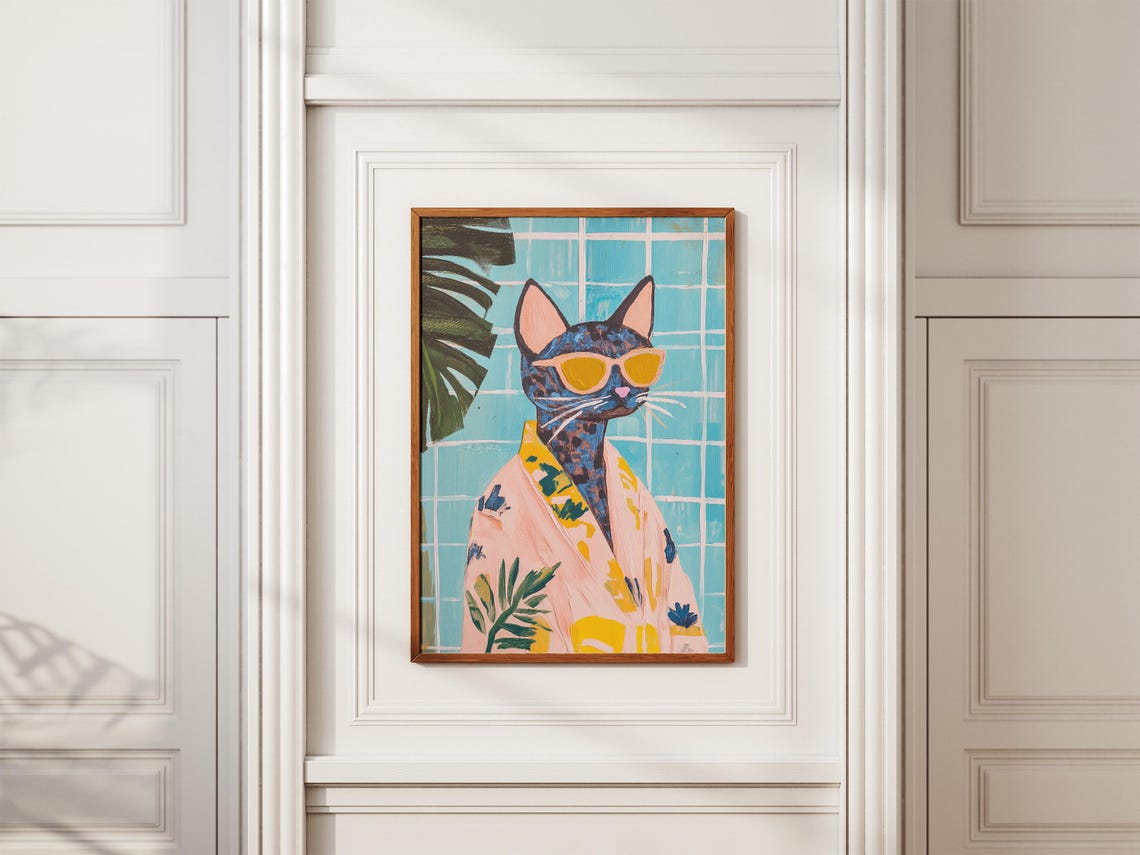 Savannah Cat in Sunglasses Pink Kimono Tropical Bath Art Poster - Image 2