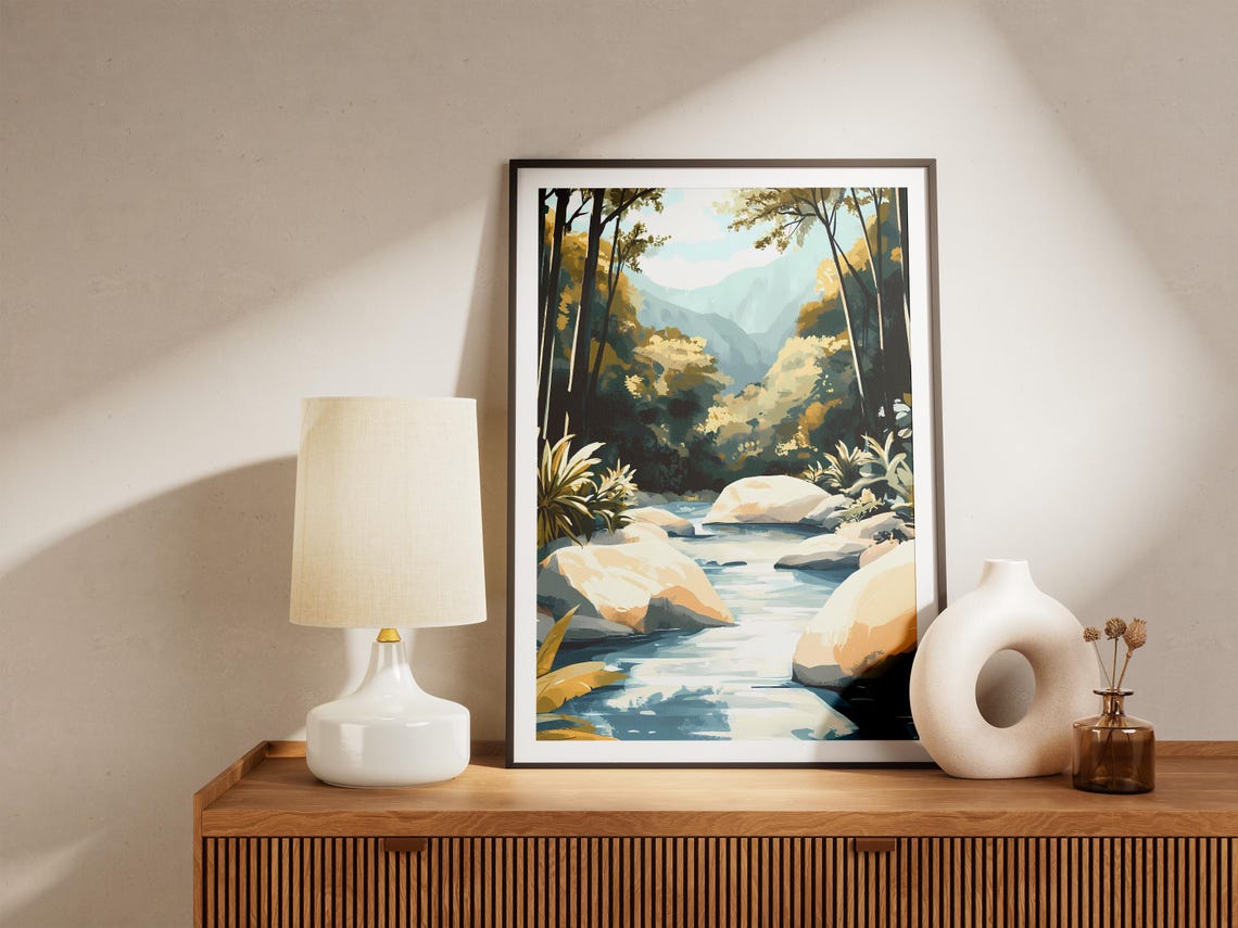 Sunlit Forest River Flowing Between Boulders Golden Light Art Poster - Image 5