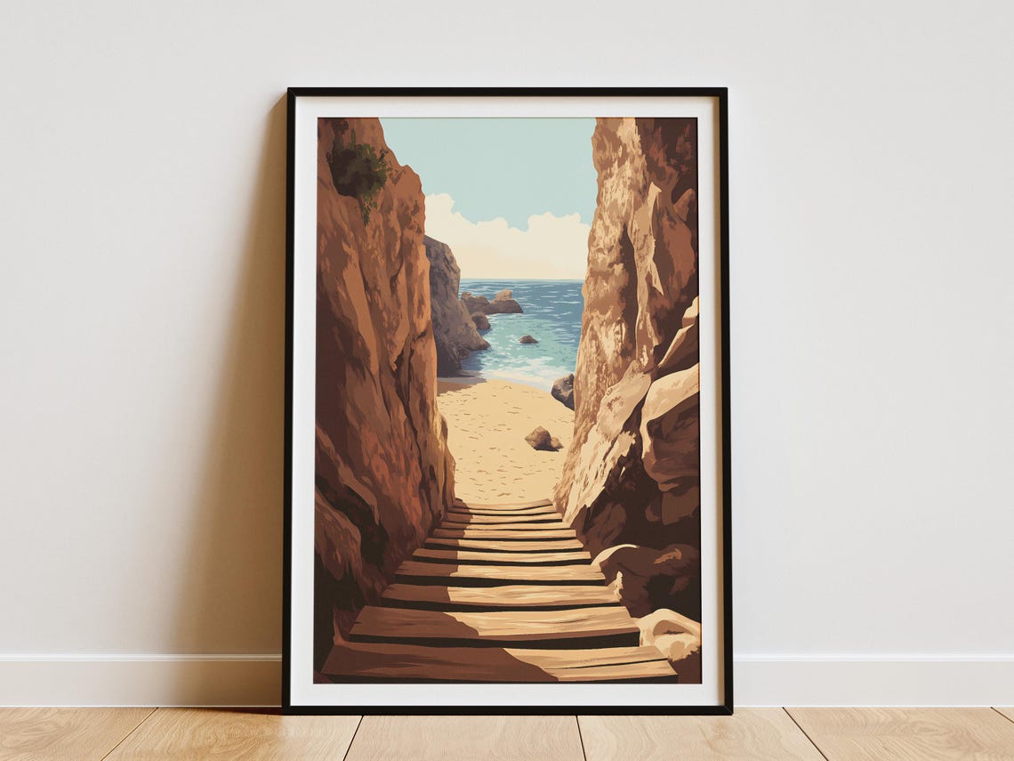 Wooden Staircase Through Red Cliffs to a Hidden Ocean Beach Poster