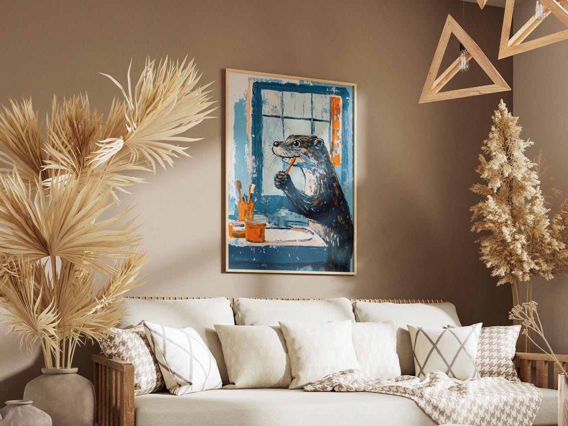 Otter Brushing Teeth At Blue Bathroom Sink Fun Animal Poster - Image 3