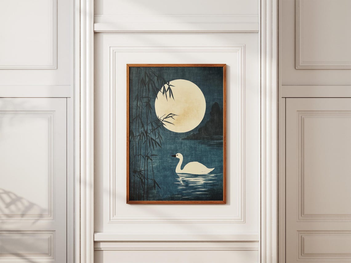 White Swan on Moonlit Lake with Bamboo Traditional Chinese Art Poster - Image 2