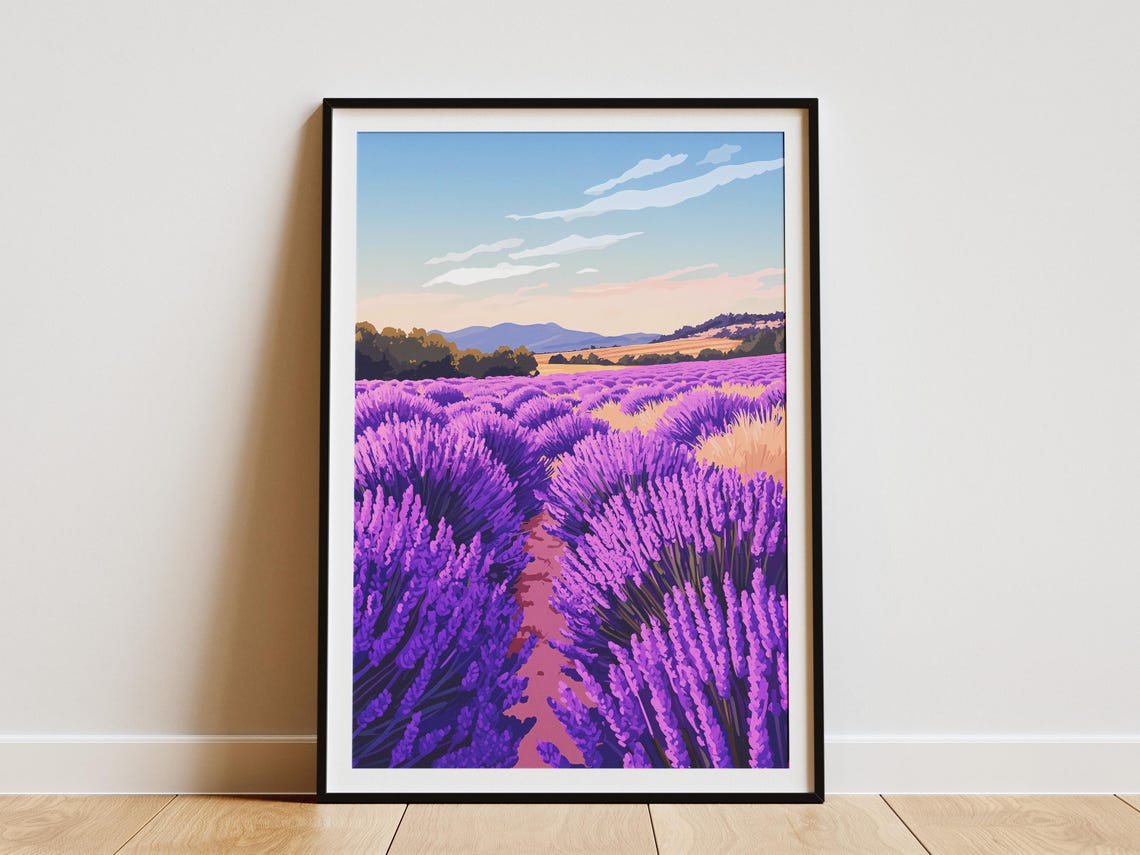 Purple Lavender Field Rows At Dawn Calm Landscape Art Poster