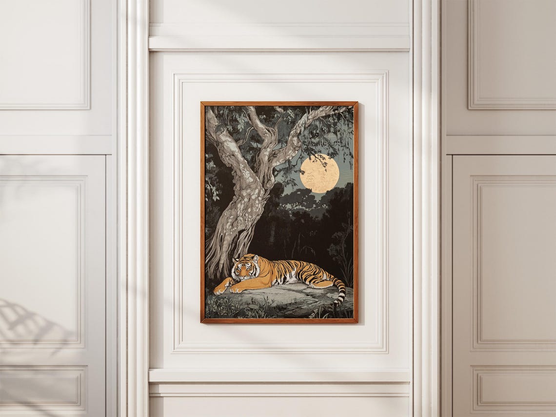 Tiger Resting Under Banyan Tree in Moonlight Jungle Art Poster - Image 2