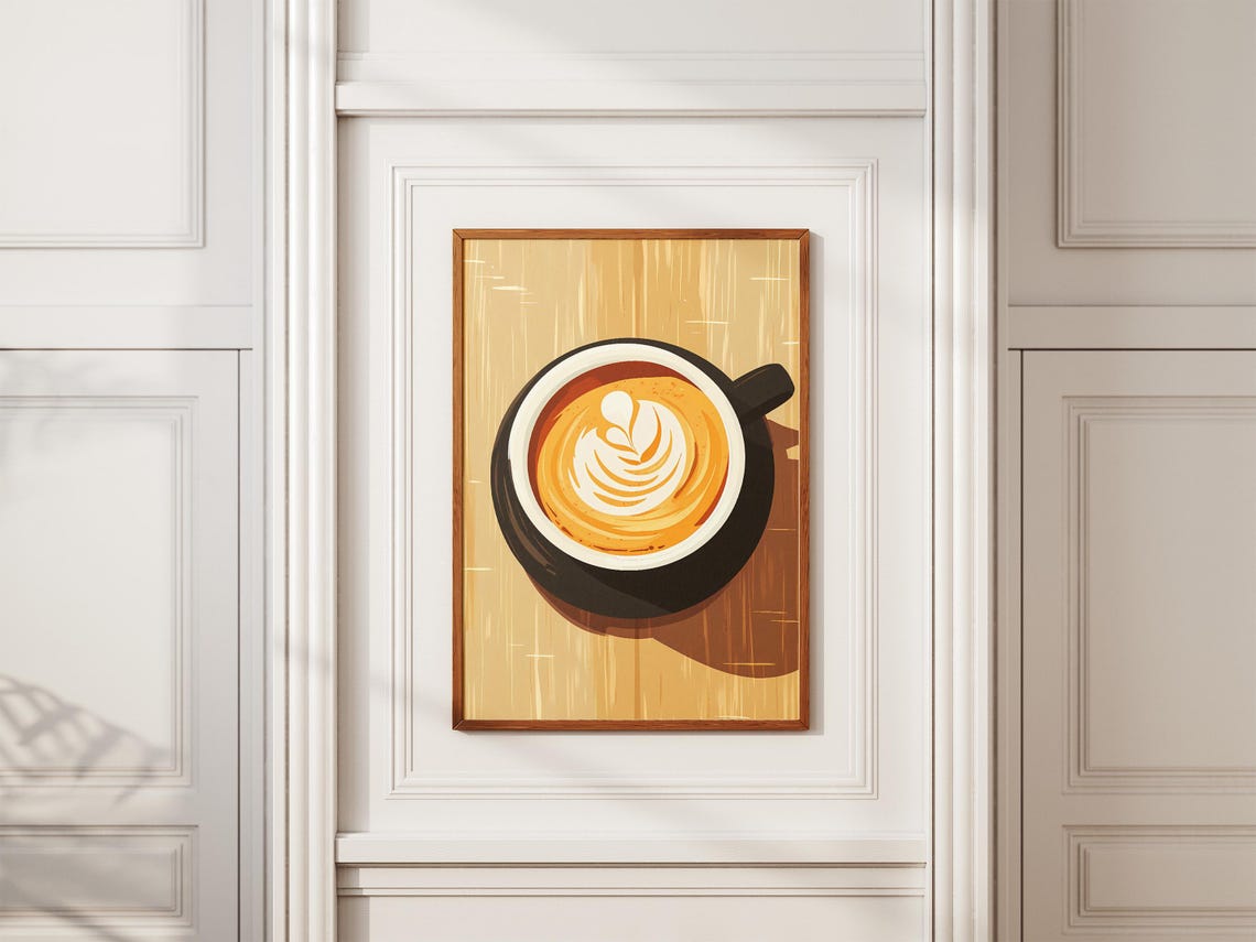 Top-Down Latte Art Leaf Design Black Coffee Cup Minimalist Poster - Image 2