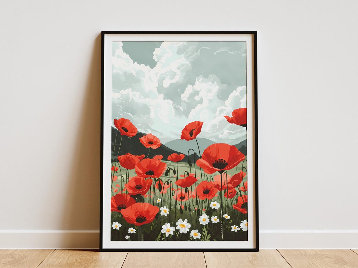 Red Poppies Stormy Sky Dramatic Meadow Wildflower Cloud Poster