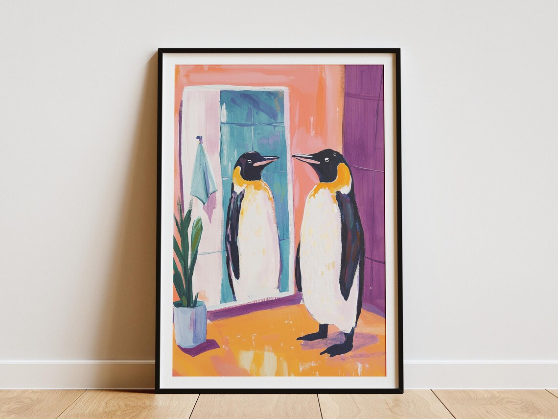 Penguin Admiring Mirror Colorful Bathroom Animal Humor Poster
