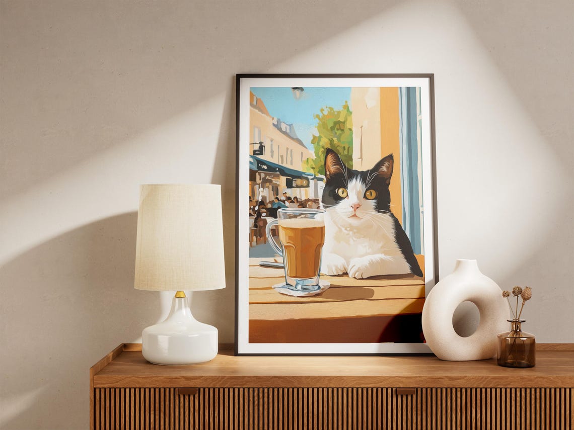 Tuxedo Cat at a Cafe Table with Tall Iced Drink Street Poster - Image 4