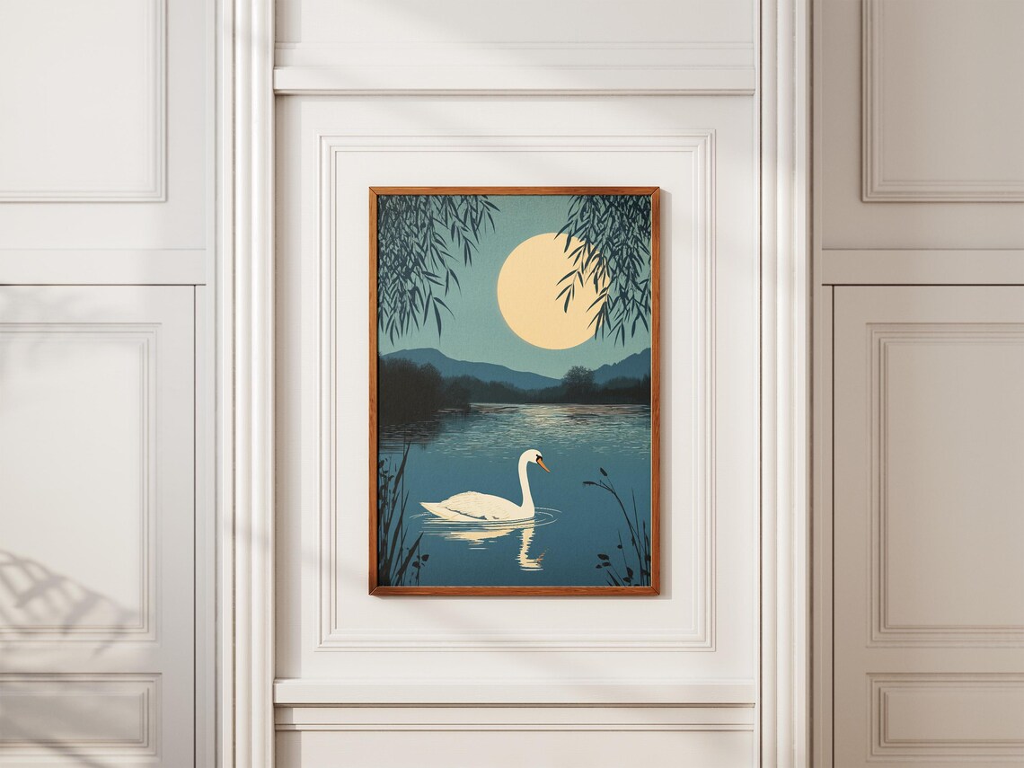 Swan Moonlit Lake Traditional Asian Style Serene Night Art Poster - Image 2