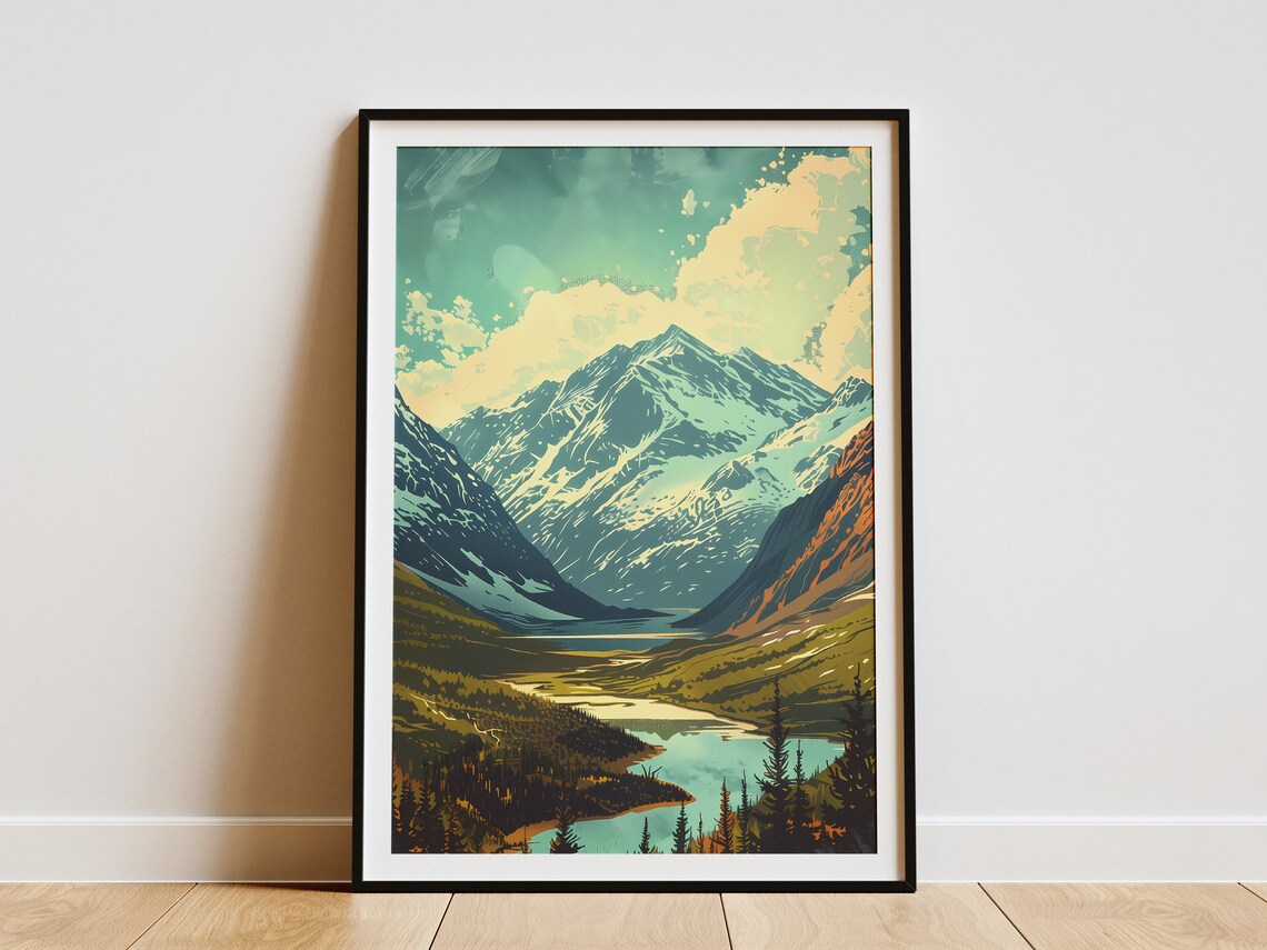 Alaska Mountain Snow Peak Lake Valley Minimalist Travel Poster