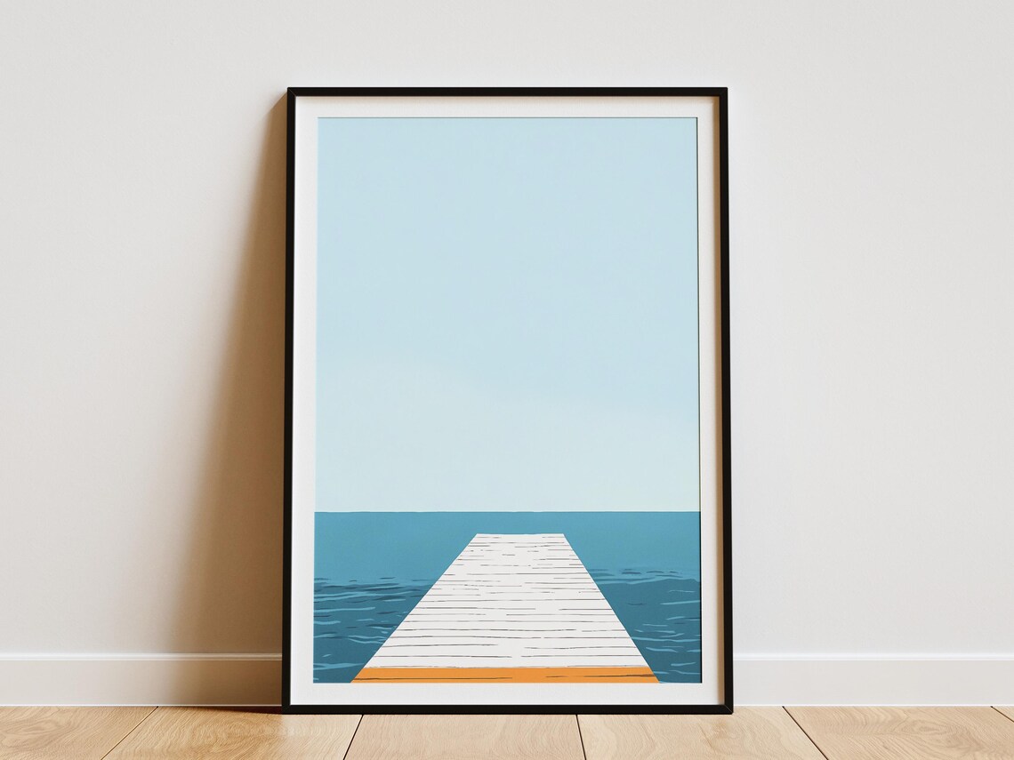 Minimalist Ocean Pier White Wooden Dock Calm Blue Sea Art Wall Poster